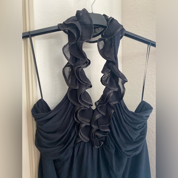 Express black halter top with ruffles around neck. Size Large- worn one time. - Picture 2 of 3
